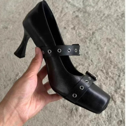 Designer Heeled Ballet Shoes Belt Buckle Chunky Heeled Platform Loafers New Square Toe Mary Jane Shoes