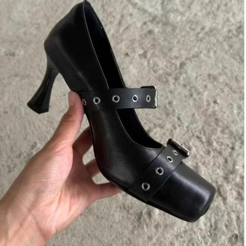 Designer Heeled Ballet Shoes Belt Buckle Chunky Heeled Platform Loafers New Square Toe Mary Jane Shoes