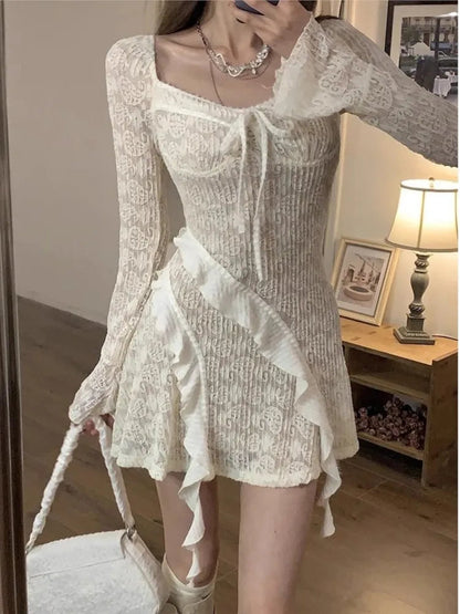 Autumn French Y2k Mini Dress Woman Flare Sleeve Ruffles Laceup Slim Aline One Piece Party Robe Korean