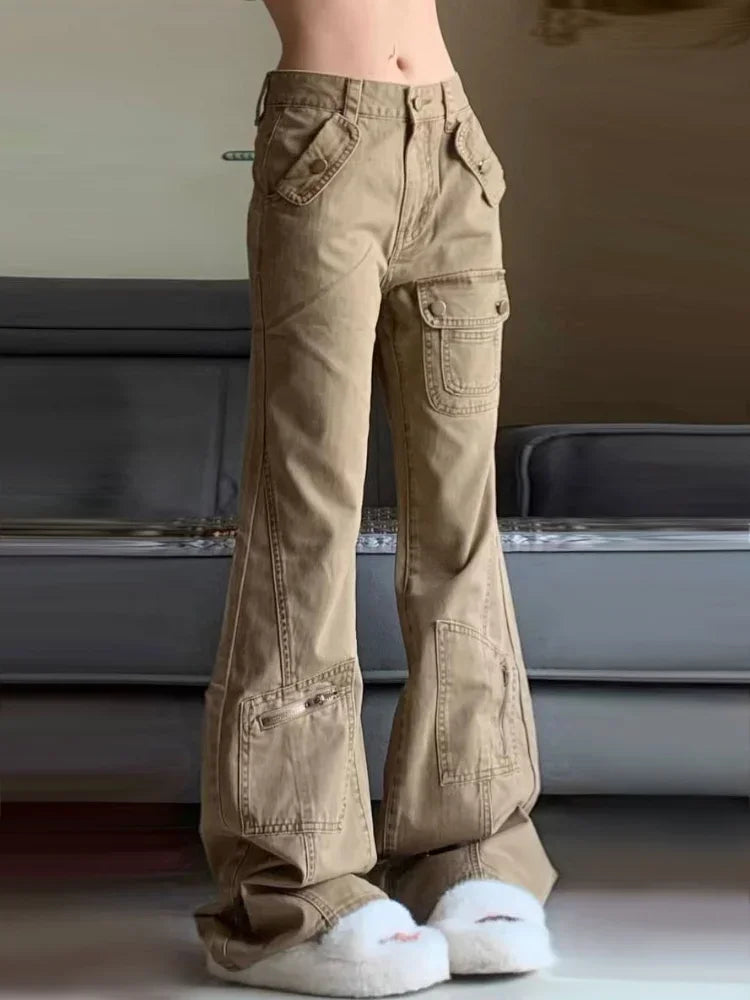 Khaki Denim Cargo Pants Y2k Hip Hop Retro Baggy Low Waist Korean Boot Cut Jeans Harajuku Causal Trouser
