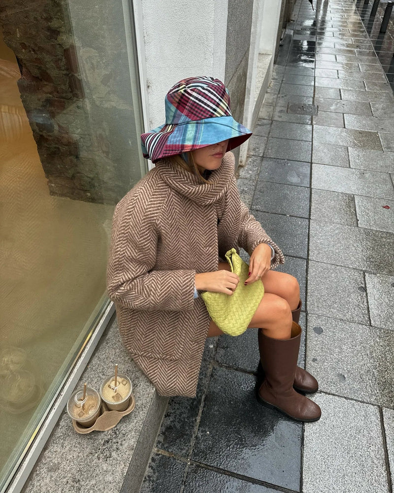 Retro Striped Scarf Collar Wool Blends Jacket Pockets Single Breasted Full Sleeve Coat Lady New Outwear