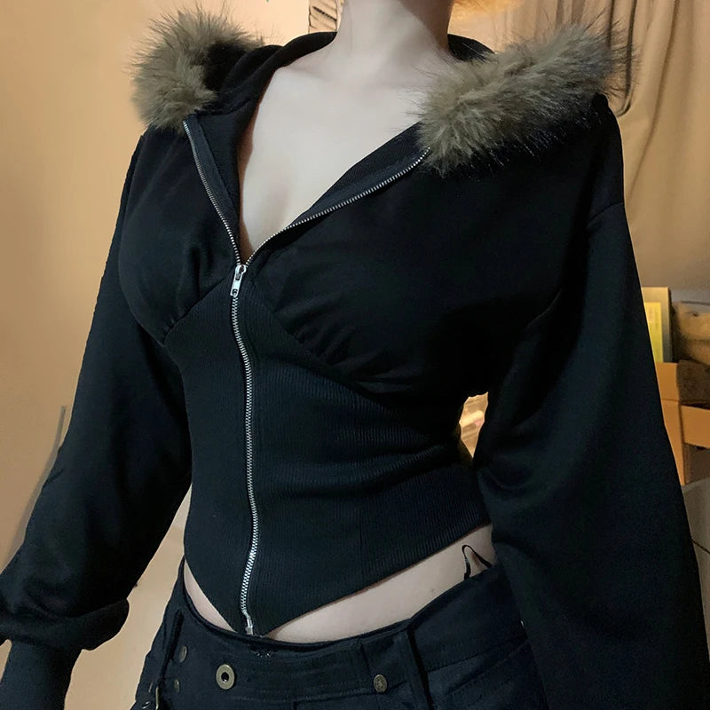 Y2k Fur Trim Hoodie Cardigan Basic Black Slim Cropped Jacket 90s Winter Zipper Coat Harajuku