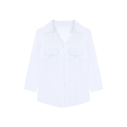 Navy Blue Three Quarter Shirt for Tops Button Up Slim White Blouse Female Autumn Black Clothes