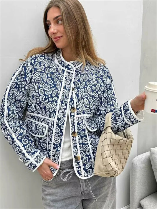 Printed Patchwork Jackets Female Contrast Loose Long Sleeve Autumn Pocket High Street Coat ’s Cardigan