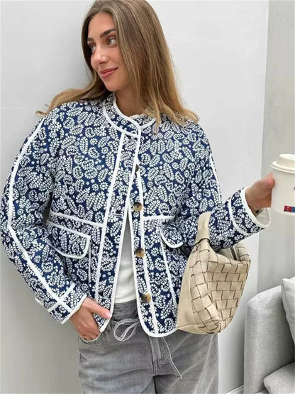 Printed Patchwork Jackets Female Contrast Loose Long Sleeve Autumn Pocket High Street Coat ’s Cardigan