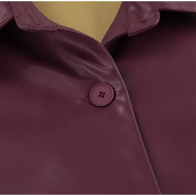 Burgundy Faux Leather Jackets Moto Biker Lapel Zipper Long Sleeve Female Coats Spring Lady Street Outwear