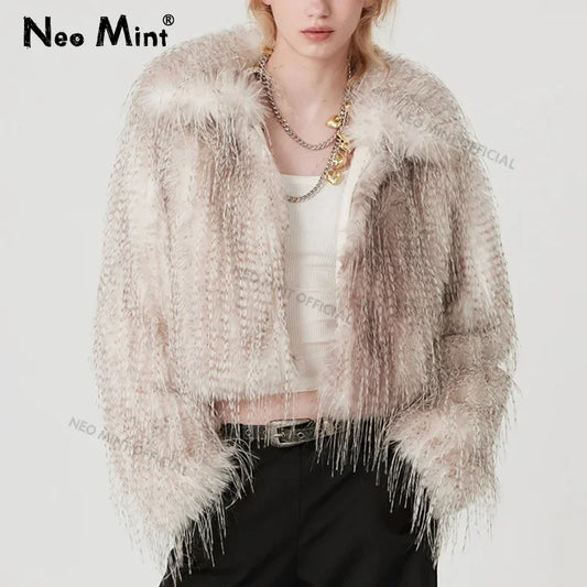 Exclusive Designer Winter Gradient Faux Peacock Fur Coat Furry Tassels Fur Jackets Y3k Outerwears