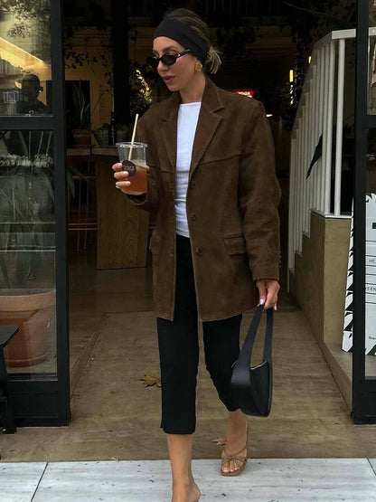 Autumn and Winter Suede Single-breasted Blazer Female High Street Lapel Long Sleeve Coat Mujer