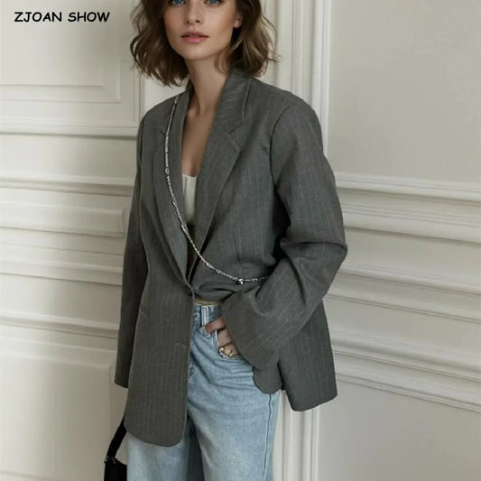 Chill Gray Striped Removable Flare Cuff Blazer Boyfriend Notched Collar Loose Suit Coat Black