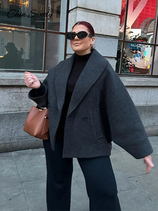 Retro Loose Woolen Blend Coat Lapel Double-breasted Long Sleeve Pocket Thick Gray Jacket Autumn Spring
