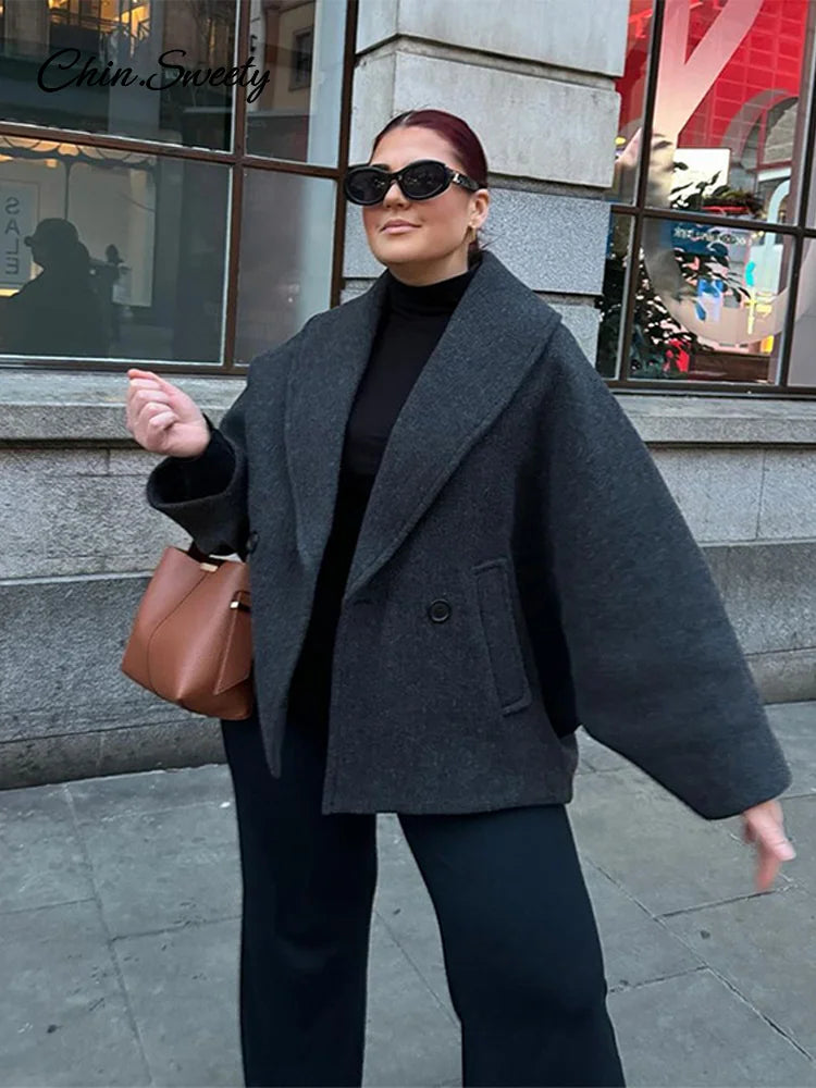 Retro Loose Woolen Blend Coat Lapel Double-breasted Long Sleeve Pocket Thick Gray Jacket Autumn Spring
