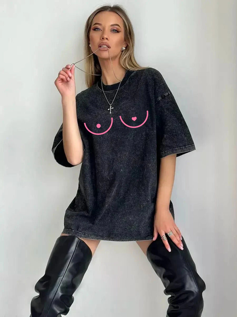 Summer Cotton Washed T Shirts Heart Funny Graphic T-shirt Y2k Loose Retro Short Sleeve Tee Hip Hop