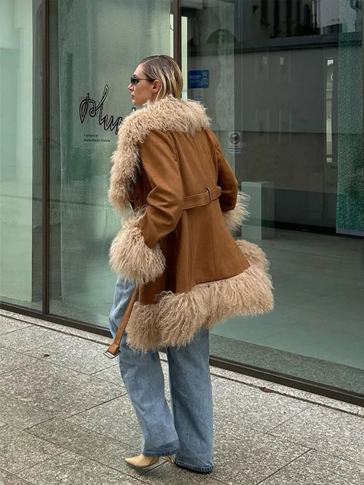 Furry Faux Fur Patchwork Coats Winter Long Sleeve Lapel Female Loose Jacket Pockets Thick Warm Lady Outwear