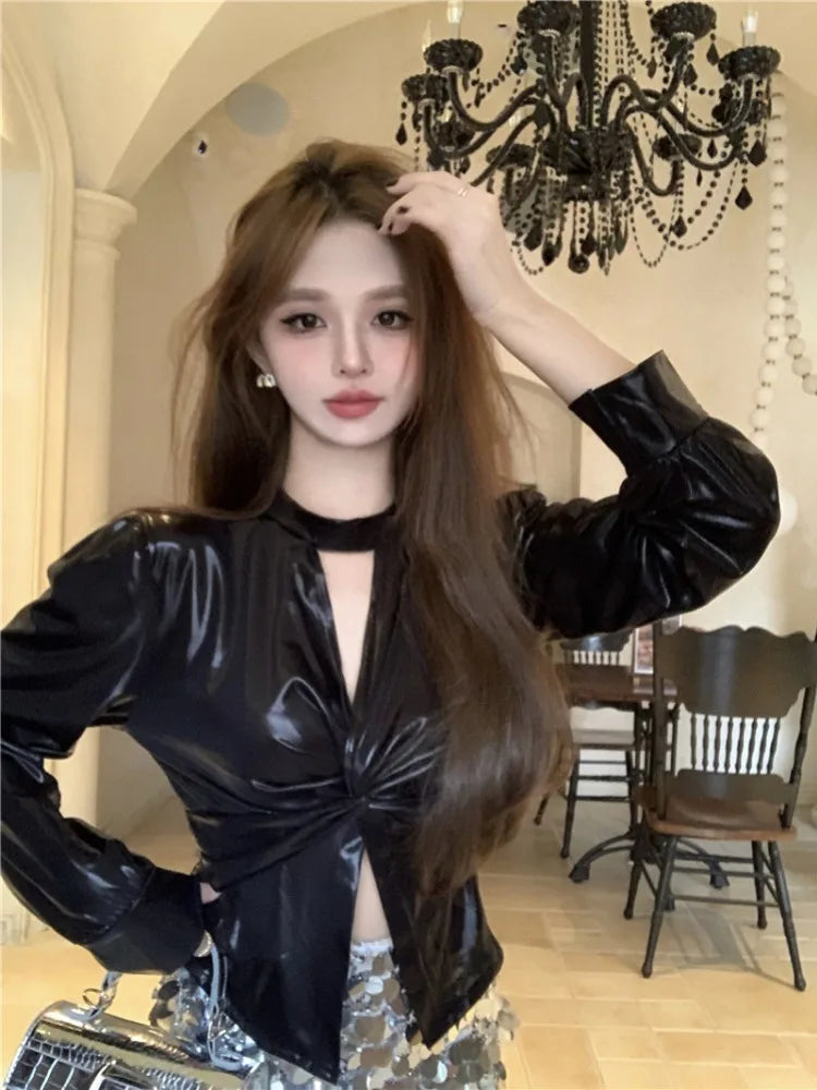 Halter Shiny Blouse Puff Sleeve Vneck Slim Fit Shirts Autumn Winter Design Silver Top