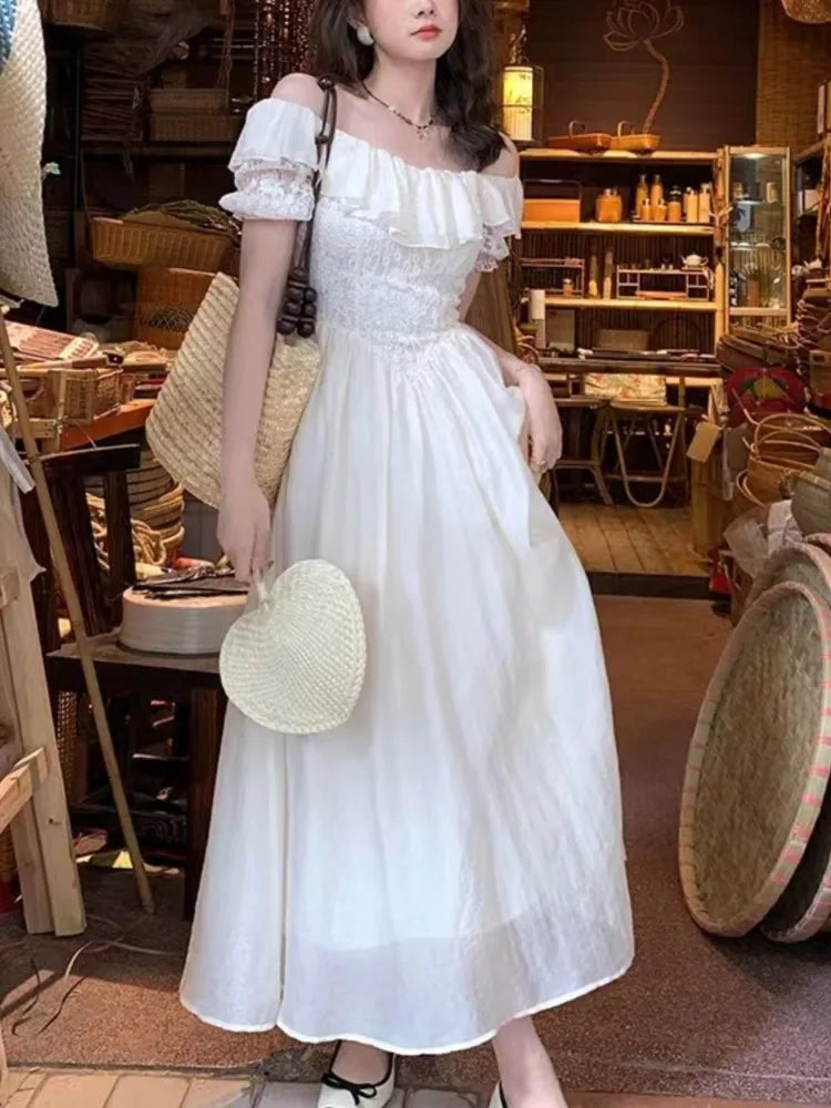 Off Shoulder Midi Dress Lace Patchwork New Summer Ruffles Aline French Prom Robe Vestidos
