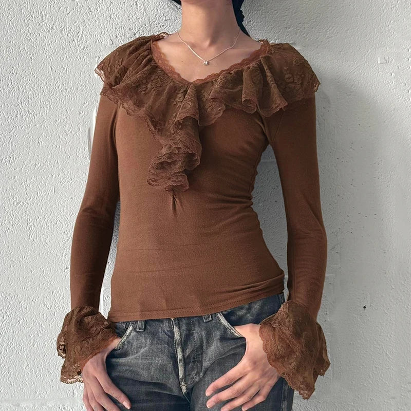 Lace Ruffles Neck Brown T-shirt Y2k Long Sleeve Fitted Top Stylish 2000s Tee Fall