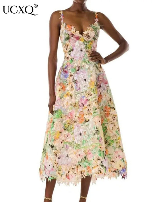 Long Dress Hotsweet Print Slash Collar 3d Flower Hollowed Out Camisole Dresses Spring Summer 959