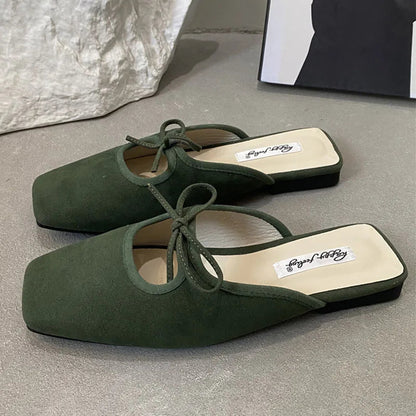Summer New Flat Slipper Square Toe Slip on Mules Shoes Soft Flat Heel Outdoor Dress Sandal Slides New Woman