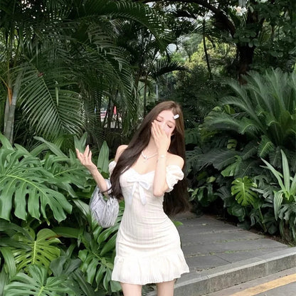 Ruffles Puff Sleeve Mini Dresses Y2k Spring Summer Vestidos Mujer Korean Bows Dress