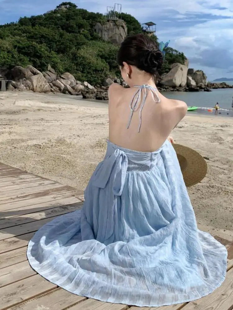 Blue Checkered Backless Halter Laceup Long Dresses Summer New High Waist Club Beach Vacation Pleated Sundress