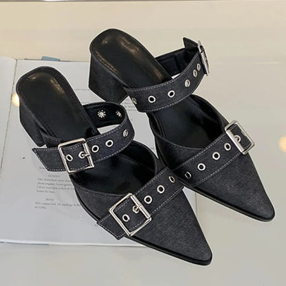 Pumps Belt Buckle Pointed Toe Black High Heel Mule Summer Slides Half Slipper Shoes for Big Size 43