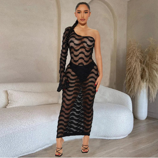 One Shoulder Flare Sleeve Beach Dress See Through Slim Maxi Dress Long Dress Holiday Beach Outfit