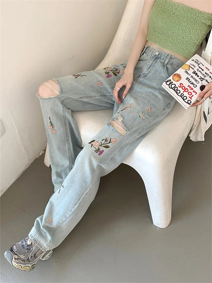 Embroidery Flowers Jeans Autumn Ol Hole Loose Slim New Straight Denim Pants