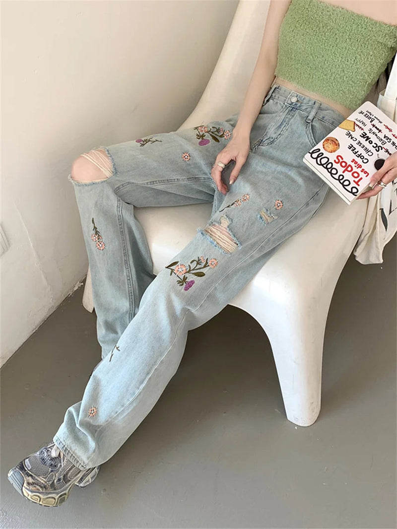 Embroidery Flowers Jeans Autumn Ol Hole Loose Slim New Straight Denim Pants