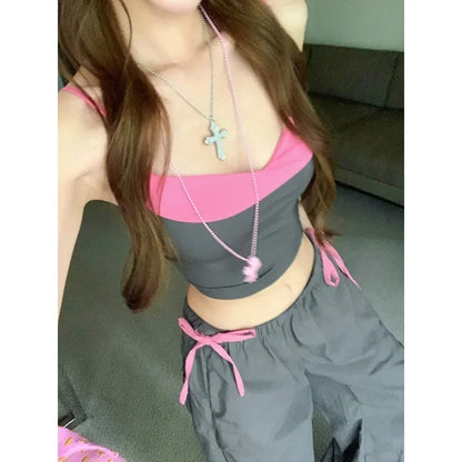 Summer New American Laceup Pleated Loose Wide Leg Pants + Backless Patchwork Camisole Twopiece Suit