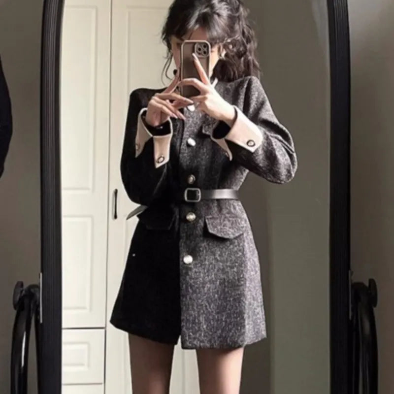 Autumn Winter Mini Dresses for With Belt Turn-down Collar Patchwork O-neck Korean Blazer Dress Vestidos