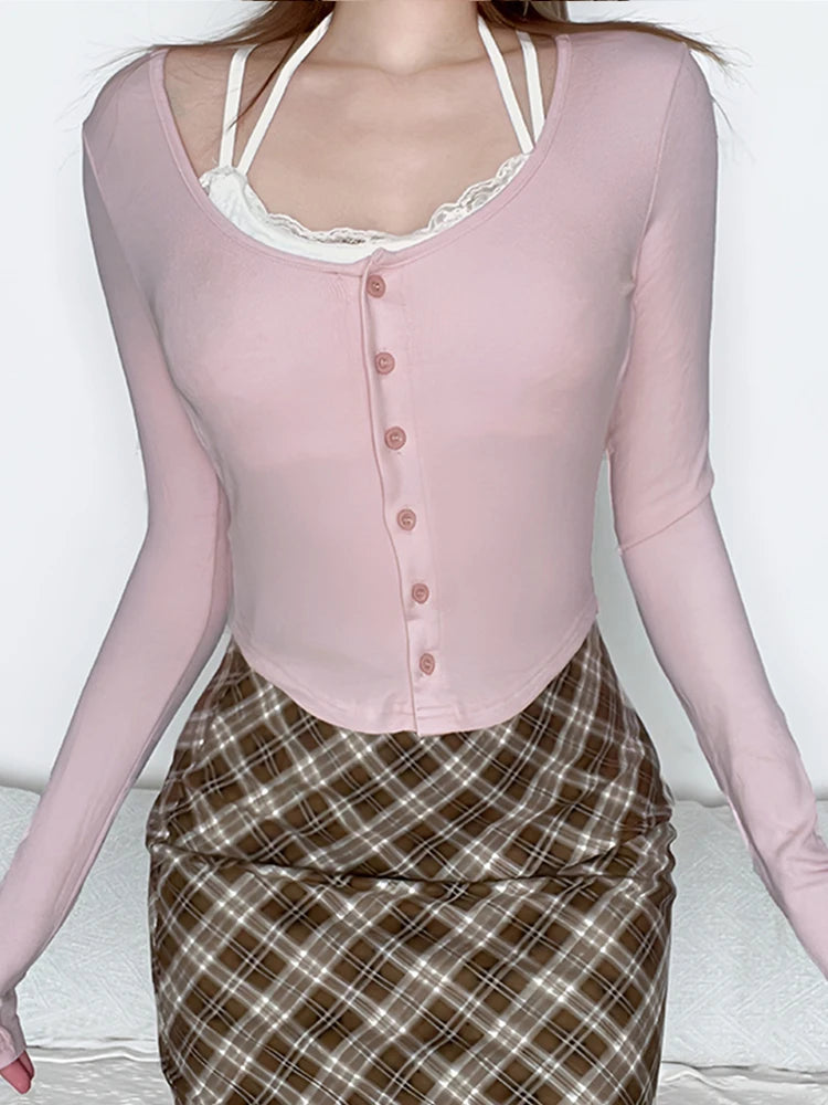 Sweet Y2k Pink Slim Long Sleeve Cropped Button T-shirt Contrast Lace Patchwork Halter Tie Kawaii Balletcore Clothes
