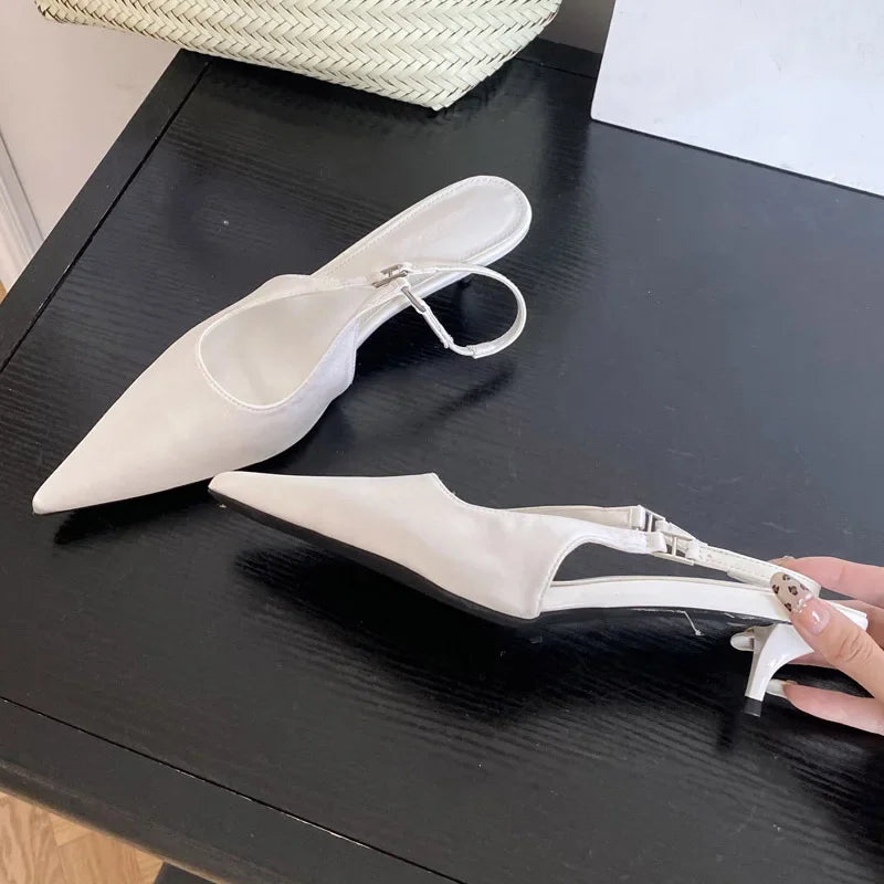 Satin Pointed Toe Mules Pumps Sandals Spring Shallow Thin Low Heels Female Shoes