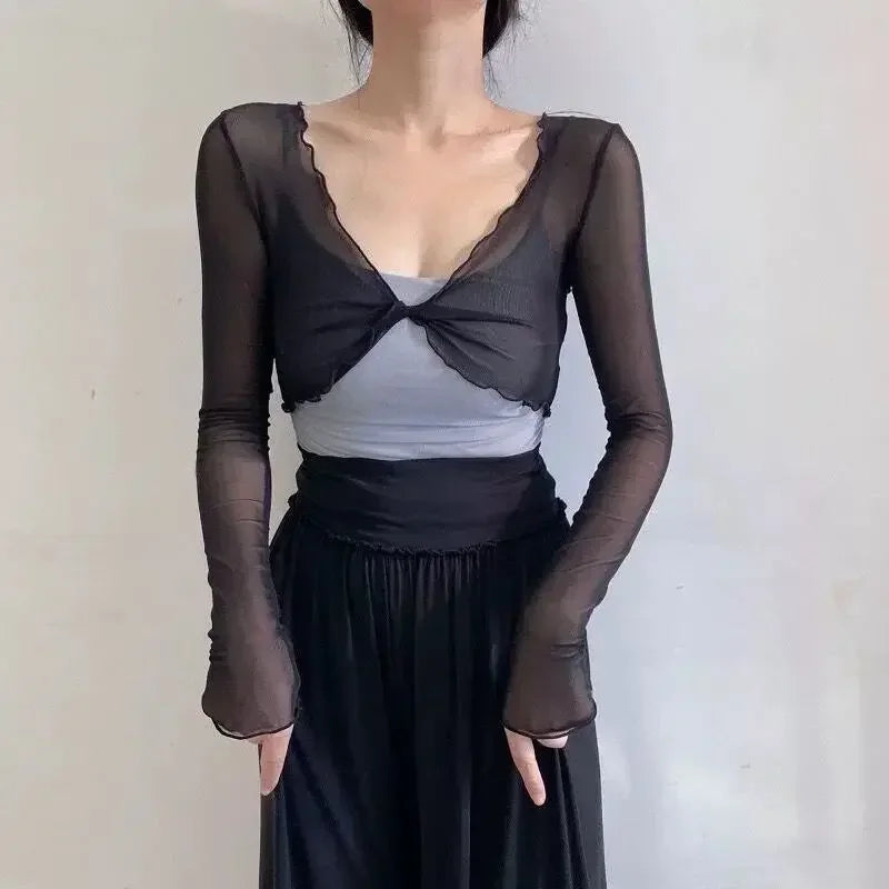 See Through Cardigans Long Sleeve Mesh Lace Up Crop Tops Short Cardigans