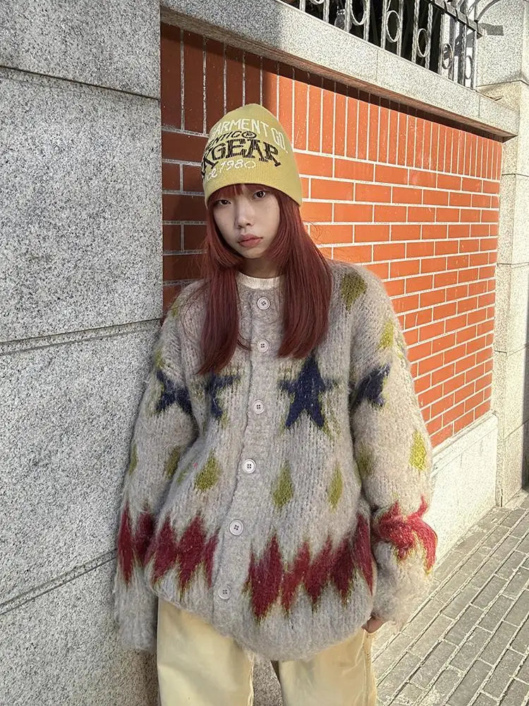American Retro Christmas Star Knitted Cardigan for and Round Neck Couple Sweater Soft Plush Coat Sweaters Top