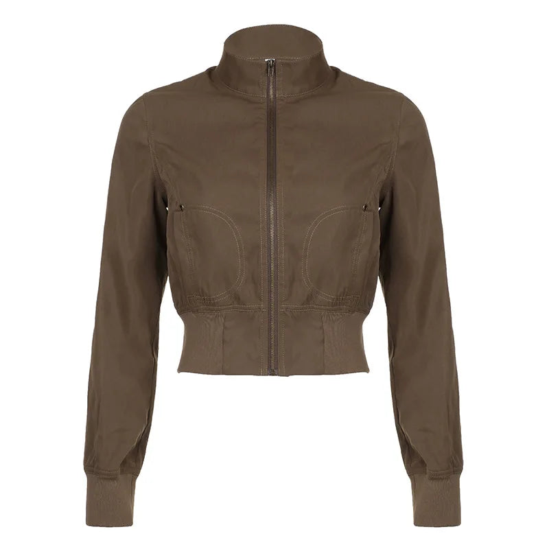 Y2k Fall Winter Crop Jackets for Turtleneck Zip Up Coats Brown 90s Clothes Bomber Jacket