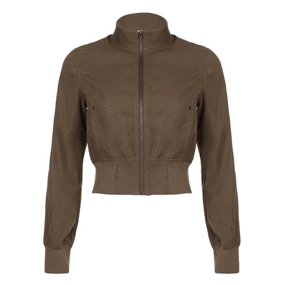 Y2k Fall Winter Crop Jackets for Turtleneck Zip Up Coats Brown 90s Clothes Bomber Jacket