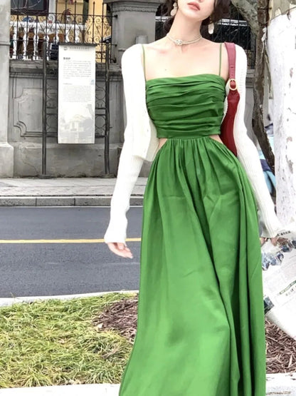 White Suspender Long Dresses for New Summer Hollow Out Expose Waist Clothes Beach Vacations Female Dress