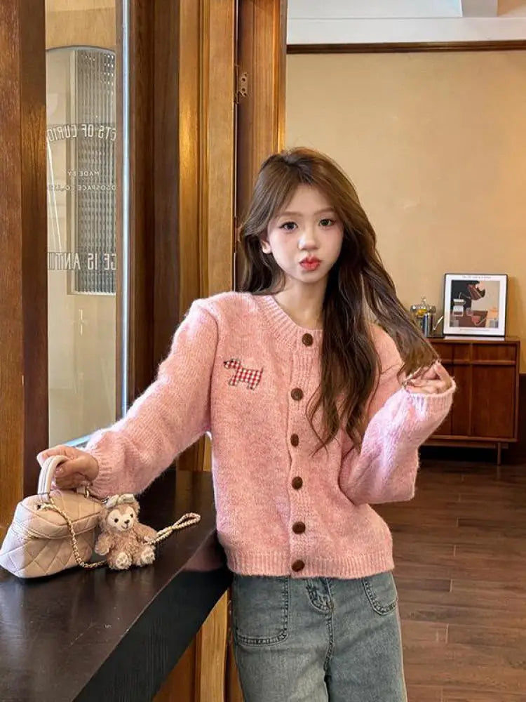 Korean Print O Neck Long Sleeve Cardigan Sweater Autumn Winter Retro Single Breasted Knitwear Tops Popular