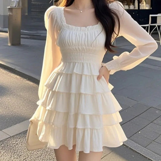 Sweet Ruffles Dresses White Korean Square Neck Mini Dress Aline Simple Vestidos Mujer