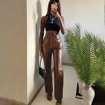 Black Punk Style Pu Faux Leather Pant Pants High Waist Straight Trousers Winter Trousers