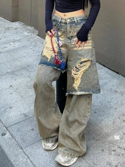 American Oversize Washed Denim Pants Spring Autumn New Loose Jeans for Y2k High Waist Hole Wide Leg Pants