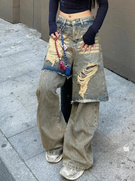 American Oversize Washed Denim Pants Spring Autumn New Loose Jeans for Y2k High Waist Hole Wide Leg Pants