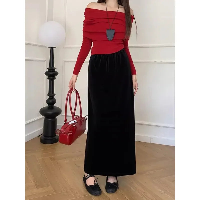 Velvet Black Aline Skirt Spring New High Waist Loose All Match Split Midlength Skirt