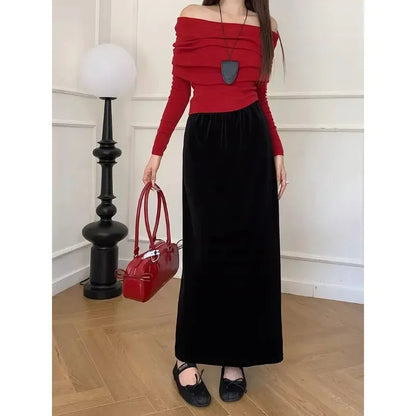 Velvet Black Aline Skirt Spring New High Waist Loose All Match Split Midlength Skirt