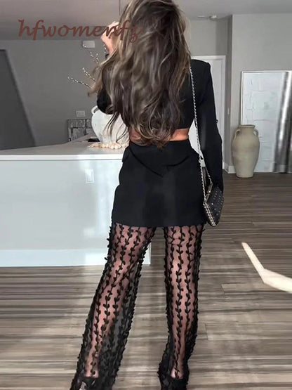 Blazer Pants Sets Single-breasted Blazer Cut Waist Coats Pearls Mesh Sheer Trousers Suits Y2k Clothes Matching Sets