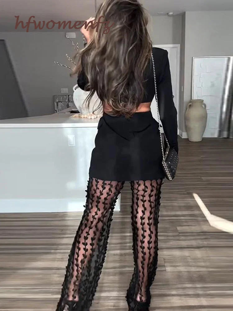 Blazer Pants Sets Single-breasted Blazer Cut Waist Coats Pearls Mesh Sheer Trousers Suits Y2k Clothes Matching Sets