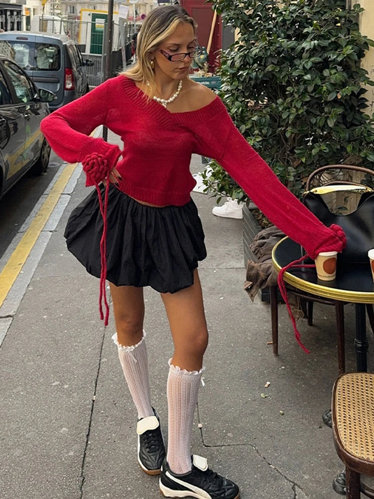 Knitted V-neck Red Sweater 3d Flower Drawstring Long Sleeve Sweaters Female Christmas Street Knitwear