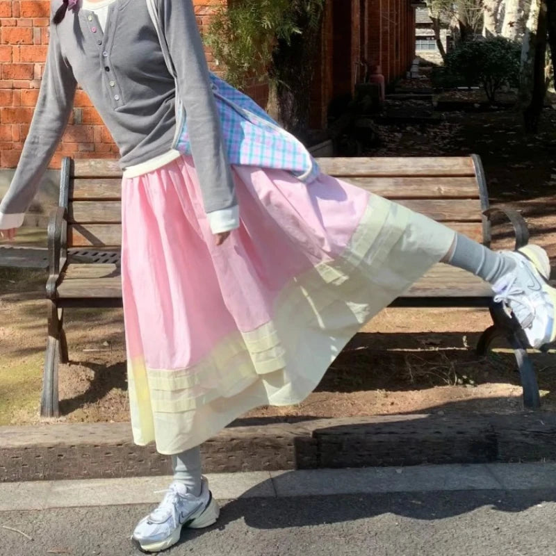 Pink Highwaisted Skirt Female Faldas Loose Slim Midlength Umbrella Skirt Contrast Color Design Aline Pleated Skirts