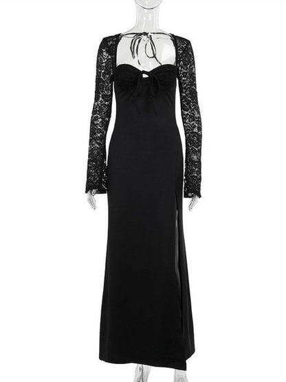 Lace Long Sleeve Maxi Dress Autumn New Square Collar Backless Lace-up High Split Club Party Long Dress