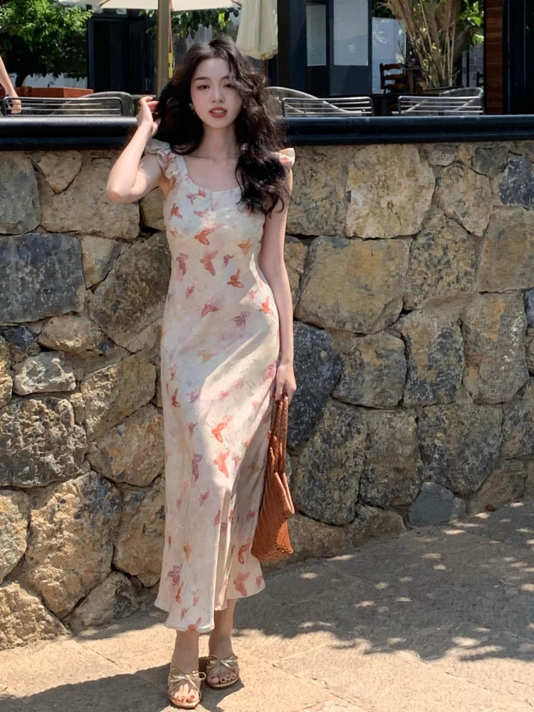 Summer French Midi Dress Office Lady Y2k Causal Retro Party Dress Korean Print Slim Dress New